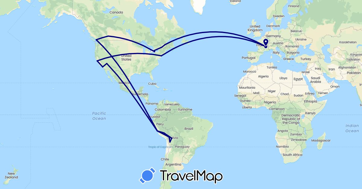 TravelMap itinerary: driving in Bolivia, Canada, France, Peru, United States (Europe, North America, South America)